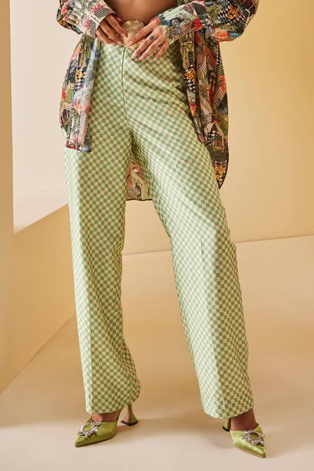 Shop_The Royaleum_Green Twill, Satin, Crepe Metallic Thread Checkered Print Bralette Pant Set _Online_at_Aza_Fashions