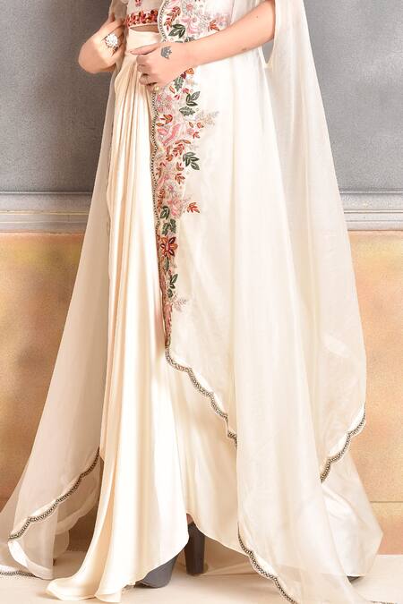 Amethyst Off White Chanderi, Modal, Satin Embroidery Open Floral Garden Cape And Skirt Set Online at Aza Fashions Amethyst_Off White Chanderi, Modal, Satin Embroidery Open Floral Garden Cape And Skirt Set_Online_at_Aza_Fashions