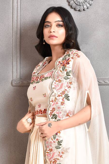 Buy Amethyst Off White Chanderi, Modal, Satin Embroidery Open Floral Garden Cape And Skirt Set Online at Aza Fashions Buy_Amethyst_Off White Chanderi, Modal, Satin Embroidery Open Floral Garden Cape And Skirt Set_Online_at_Aza_Fashions
