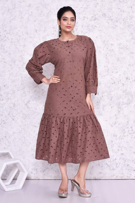 Shop_Amethyst_Brown Cotton Embroidery Hakoba Round Dress _at_Aza_Fashions