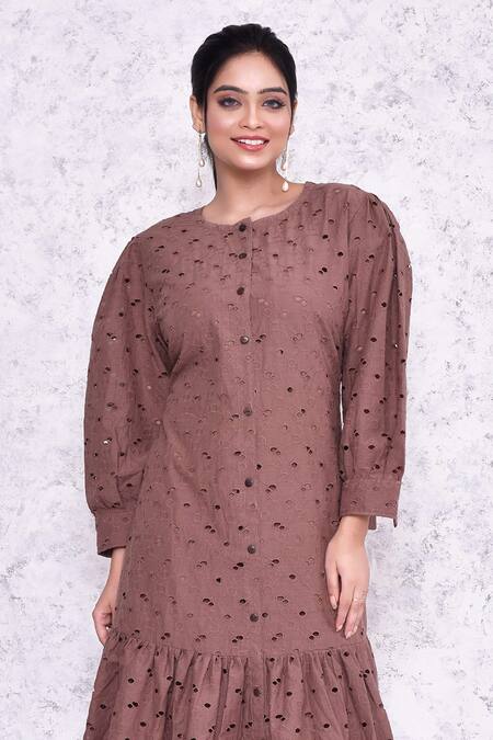 Amethyst_Brown Cotton Embroidery Hakoba Round Dress _Online_at_Aza_Fashions