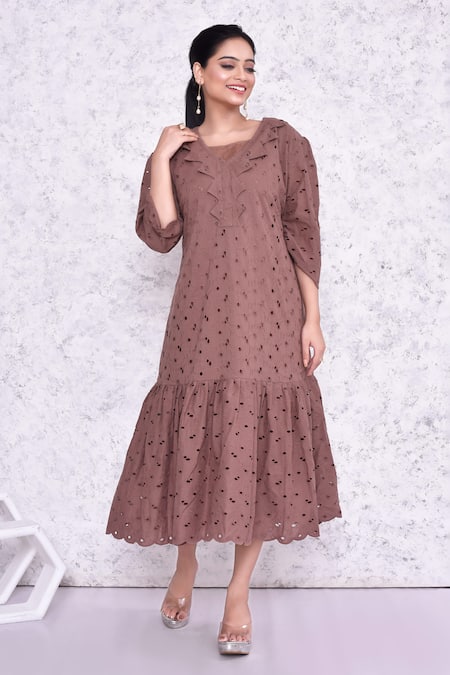 AMETHYST Brown Cotton Embroidery Hakoba Geometric Neck Midi Dress 