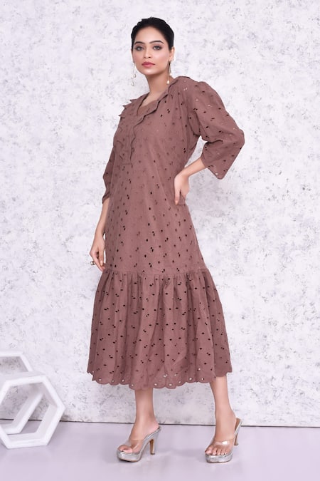 Shop_Amethyst_Brown Cotton Embroidery Hakoba Geometric Neck Midi Dress _at_Aza_Fashions