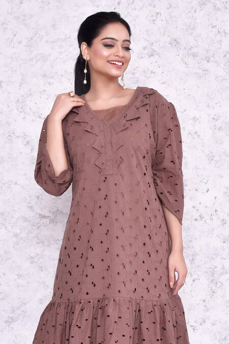 Amethyst_Brown Cotton Embroidery Hakoba Geometric Neck Midi Dress _Online_at_Aza_Fashions
