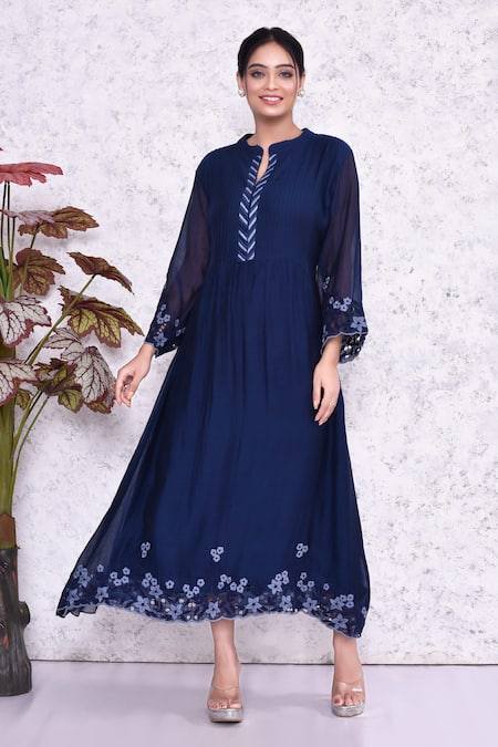 AMETHYST Blue Mall Chanderi Embroidery Floral Mandarin Placement Dress 