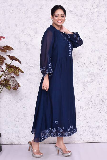 Shop_Amethyst_Blue Chanderi Embroidery Mandarin Collar Placement Floral Dress_at_Aza_Fashions