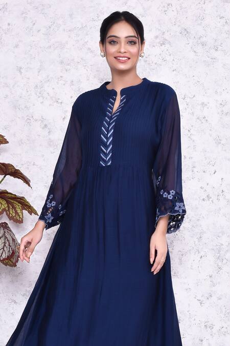 Amethyst Blue Chanderi Embroidery Mandarin Collar Placement Floral Dress Online at Aza Fashions Amethyst_Blue Chanderi Embroidery Mandarin Collar Placement Floral Dress_Online_at_Aza_Fashions
