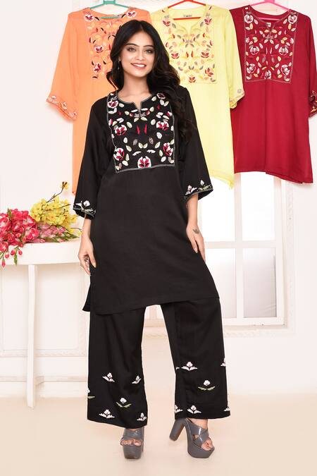 Shop_Amethyst_Black Linen, Satin Embroidery Round Neck Floral Bodice Kurta With Pant_at_Aza_Fashions