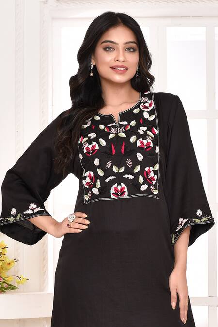 Shop Amethyst Black Linen, Satin Embroidery Round Neck Floral Bodice Kurta With Pant Online at Aza Fashions Shop_Amethyst_Black Linen, Satin Embroidery Round Neck Floral Bodice Kurta With Pant_Online_at_Aza_Fashions