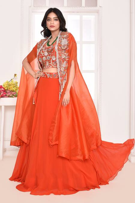 Shop_Amethyst_Orange Chanderi, Georgette Sequins, Zari Floral Embroidered Cape And Lehenga Set_at_Aza_Fashions