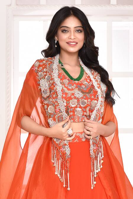 Amethyst Orange Chanderi, Georgette Sequins, Zari Floral Embroidered Cape And Lehenga Set Online at Aza Fashions Amethyst_Orange Chanderi, Georgette Sequins, Zari Floral Embroidered Cape And Lehenga Set_Online_at_Aza_Fashions