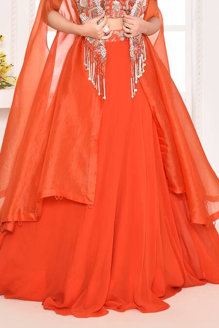 Buy Amethyst Orange Chanderi, Georgette Sequins, Zari Floral Embroidered Cape And Lehenga Set Online at Aza Fashions Buy_Amethyst_Orange Chanderi, Georgette Sequins, Zari Floral Embroidered Cape And Lehenga Set_Online_at_Aza_Fashions