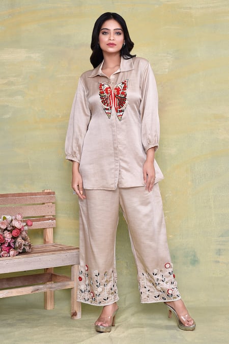 AMETHYST Butterfly Embroidered Long Top With Pant 