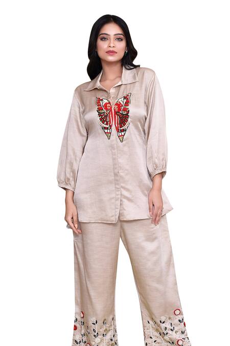 Amethyst Beige Linen, Satin Sequins, Embroidery Collared Butterfly Long Top With Pant Online at Aza Fashions Amethyst_Beige Linen, Satin Sequins, Embroidery Collared Butterfly Long Top With Pant_Online_at_Aza_Fashions