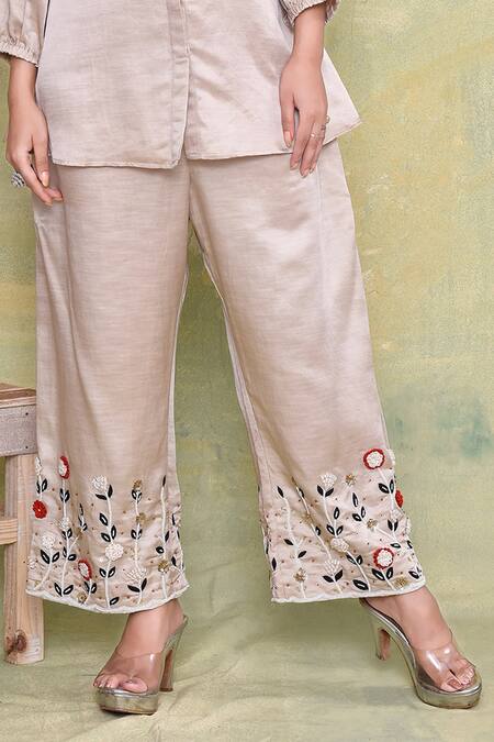 Buy Amethyst Beige Linen, Satin Sequins, Embroidery Collared Butterfly Long Top With Pant Online at Aza Fashions Buy_Amethyst_Beige Linen, Satin Sequins, Embroidery Collared Butterfly Long Top With Pant_Online_at_Aza_Fashions
