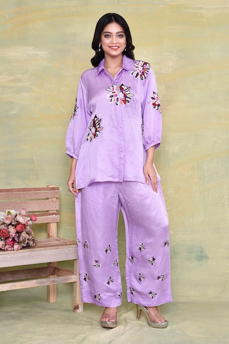 AMETHYST Floral Sequin Embroidered Shirt With Pant 