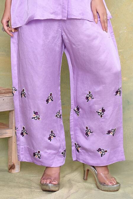 Amethyst Purple Linen, Satin Embroidery, Sequins Collared Floral Shirt With Pant Online at Aza Fashions Amethyst_Purple Linen, Satin Embroidery, Sequins Collared Floral Shirt With Pant_Online_at_Aza_Fashions