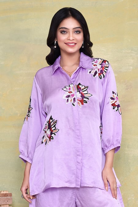 Buy Amethyst Purple Linen, Satin Embroidery, Sequins Collared Floral Shirt With Pant Online at Aza Fashions Buy_Amethyst_Purple Linen, Satin Embroidery, Sequins Collared Floral Shirt With Pant_Online_at_Aza_Fashions