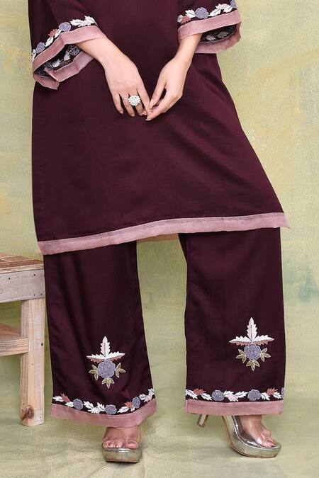 Amethyst Brown Linen, Satin Embroidery V-neck Floral Hand Kurta With Pant Online at Aza Fashions Amethyst_Brown Linen, Satin Embroidery V-neck Floral Hand Kurta With Pant_Online_at_Aza_Fashions