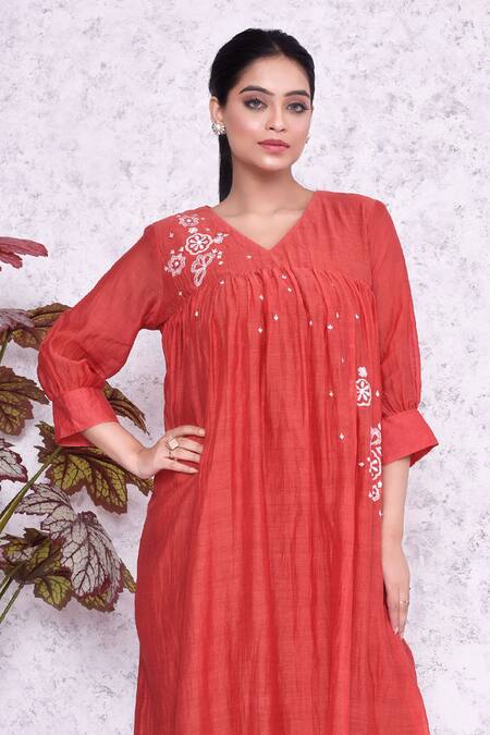 Amethyst Orange Chanderi Embroidery V-neck Placement Autumn Floral Dress Online at Aza Fashions Amethyst_Orange Chanderi Embroidery V-neck Placement Autumn Floral Dress_Online_at_Aza_Fashions