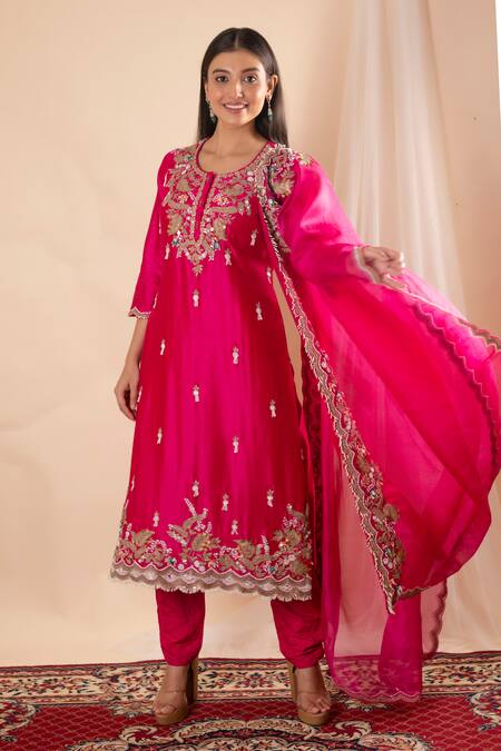 Buy_Amethyst_Fuchsia Chanderi, Organza Pearls, Sequins, Tassels Embroidered Kurta Pant Set _Online_at_Aza_Fashions