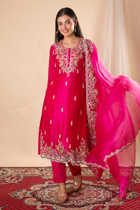 Amethyst_Fuchsia Chanderi, Organza Pearls, Sequins, Tassels Embroidered Kurta Pant Set _at_Aza_Fashions