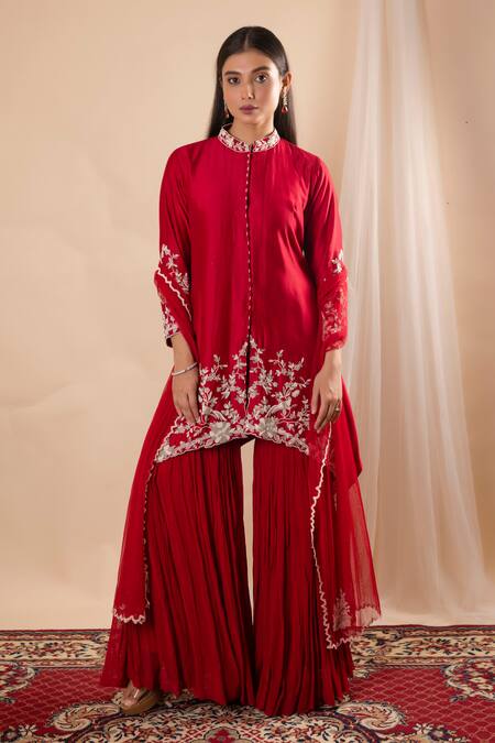 Shop Amethyst Red Chanderi, Georgette, Net Pearls, Beads Bandeau Embroidered Kurta Pant Set at Aza Fashions Shop_Amethyst_Red Chanderi, Georgette, Net Pearls, Beads Bandeau Embroidered Kurta Pant Set_at_Aza_Fashions