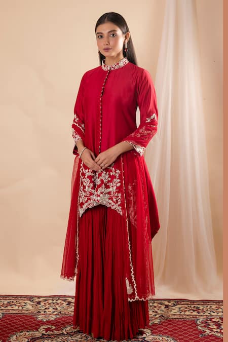 Amethyst Red Chanderi, Georgette, Net Pearls, Beads Bandeau Embroidered Kurta Pant Set Online at Aza Fashions Amethyst_Red Chanderi, Georgette, Net Pearls, Beads Bandeau Embroidered Kurta Pant Set_Online_at_Aza_Fashions