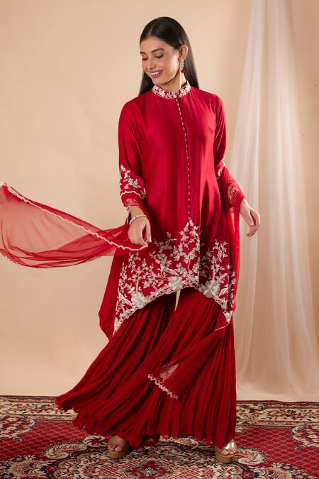 Buy Amethyst Red Chanderi, Georgette, Net Pearls, Beads Bandeau Embroidered Kurta Pant Set Online at Aza Fashions Buy_Amethyst_Red Chanderi, Georgette, Net Pearls, Beads Bandeau Embroidered Kurta Pant Set_Online_at_Aza_Fashions