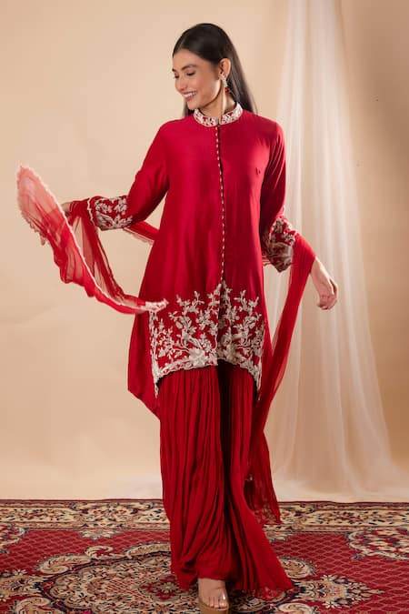 Shop Amethyst Red Chanderi, Georgette, Net Pearls, Beads Bandeau Embroidered Kurta Pant Set Online at Aza Fashions Shop_Amethyst_Red Chanderi, Georgette, Net Pearls, Beads Bandeau Embroidered Kurta Pant Set_Online_at_Aza_Fashions