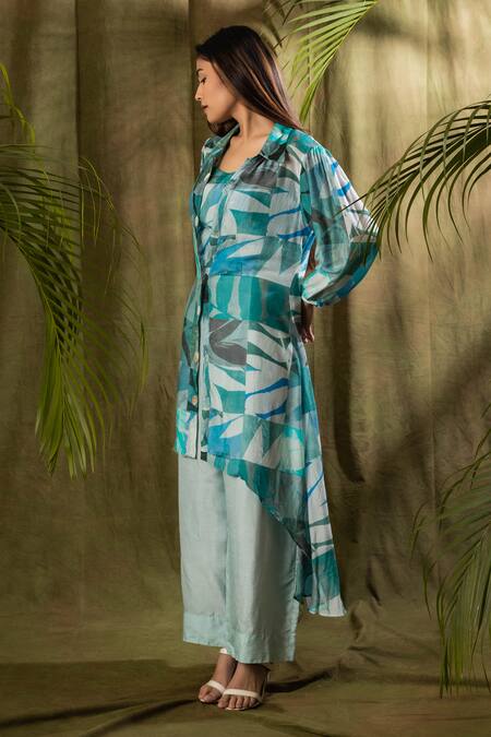 Amethyst Blue Muslin Collared Abstract Geometric Print Jacket Pant Set Online at Aza Fashions Amethyst_Blue Muslin Collared Abstract Geometric Print Jacket Pant Set_Online_at_Aza_Fashions