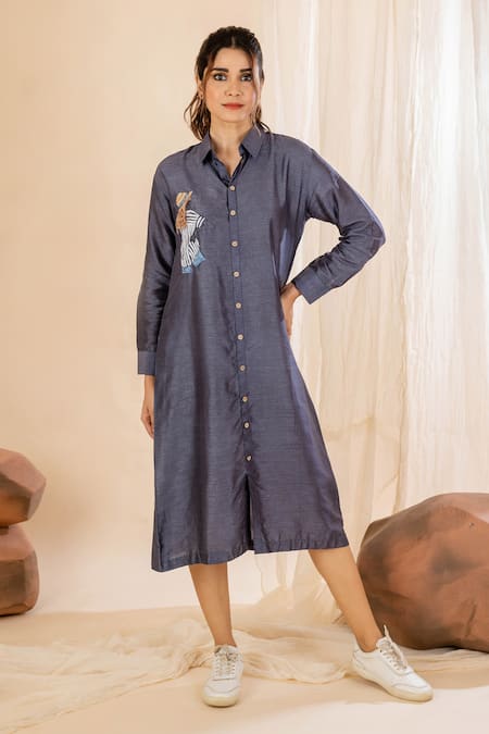 AMETHYST Blue Bamberg Silk Embroidered Collared Placement Midi Shirt Dress 