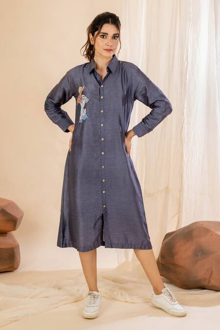 Shop Amethyst Blue Silk Embroidery Collared Placement Midi Shirt Dress at Aza Fashions Shop_Amethyst_Blue Silk Embroidery Collared Placement Midi Shirt Dress_at_Aza_Fashions