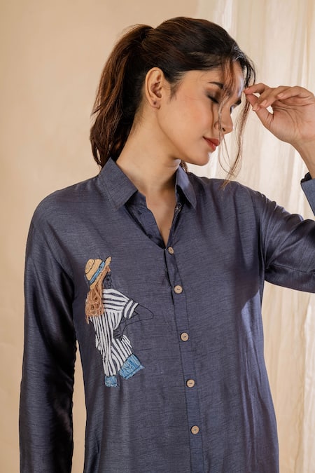 Amethyst Blue Silk Embroidery Collared Placement Midi Shirt Dress Online at Aza Fashions Amethyst_Blue Silk Embroidery Collared Placement Midi Shirt Dress_Online_at_Aza_Fashions