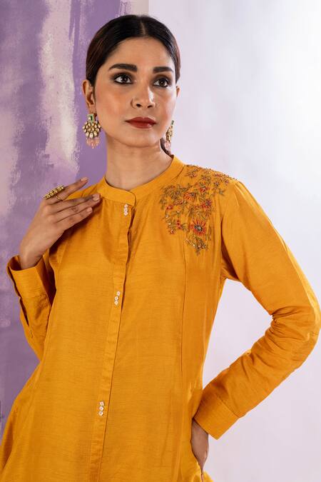 Amethyst Yellow Bamboo, Silk Embroidery Collared Floral Kurta And Pant Set Online at Aza Fashions Amethyst_Yellow Bamboo, Silk Embroidery Collared Floral Kurta And Pant Set_Online_at_Aza_Fashions