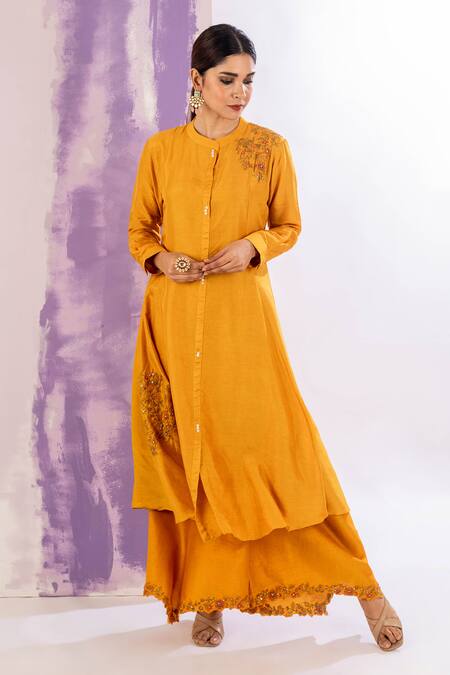 Buy Amethyst Yellow Bamboo, Silk Embroidery Collared Floral Kurta And Pant Set Online at Aza Fashions Buy_Amethyst_Yellow Bamboo, Silk Embroidery Collared Floral Kurta And Pant Set_Online_at_Aza_Fashions