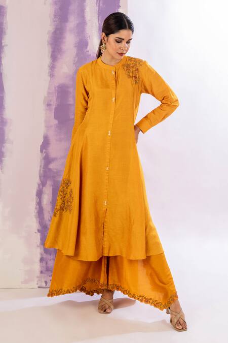 Shop Amethyst Yellow Bamboo, Silk Embroidery Collared Floral Kurta And Pant Set Online at Aza Fashions Shop_Amethyst_Yellow Bamboo, Silk Embroidery Collared Floral Kurta And Pant Set_Online_at_Aza_Fashions