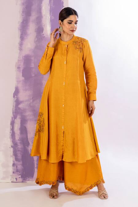 Amethyst Yellow Bamboo, Silk Embroidery Collared Floral Kurta And Pant Set at Aza Fashions Amethyst_Yellow Bamboo, Silk Embroidery Collared Floral Kurta And Pant Set_at_Aza_Fashions