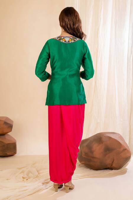 Shop Amethyst Green Chanderi Silk, Modal, Satin Embroidered Short Kurta And Dhoti Skirt Set at Aza Fashions Shop_Amethyst_Green Chanderi Silk, Modal, Satin Embroidered Short Kurta And Dhoti Skirt Set_at_Aza_Fashions