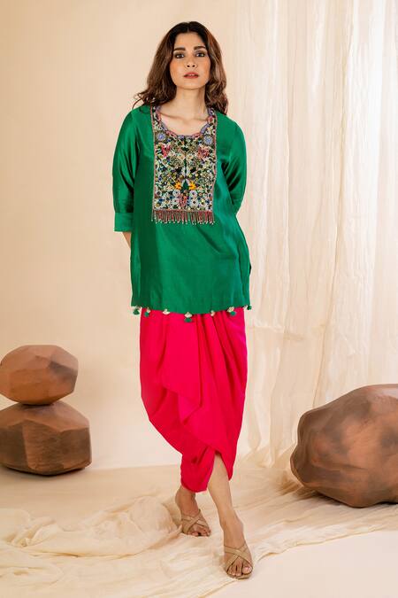 Amethyst Green Chanderi Silk, Modal, Satin Embroidered Short Kurta And Dhoti Skirt Set Online at Aza Fashions Amethyst_Green Chanderi Silk, Modal, Satin Embroidered Short Kurta And Dhoti Skirt Set_Online_at_Aza_Fashions