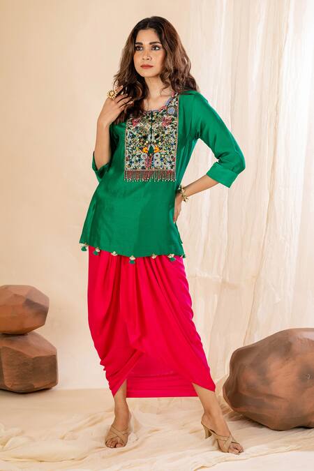 Shop Amethyst Green Chanderi Silk, Modal, Satin Embroidered Short Kurta And Dhoti Skirt Set Online at Aza Fashions Shop_Amethyst_Green Chanderi Silk, Modal, Satin Embroidered Short Kurta And Dhoti Skirt Set_Online_at_Aza_Fashions