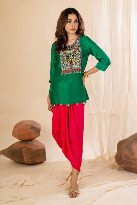 Amethyst Green Chanderi Silk, Modal, Satin Embroidered Short Kurta And Dhoti Skirt Set at Aza Fashions Amethyst_Green Chanderi Silk, Modal, Satin Embroidered Short Kurta And Dhoti Skirt Set_at_Aza_Fashions