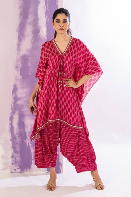 Amethyst_Pink Modal, Satin Tassels V-neck Printed Kaftan And Dhoti Pant Set _Online_at_Aza_Fashions