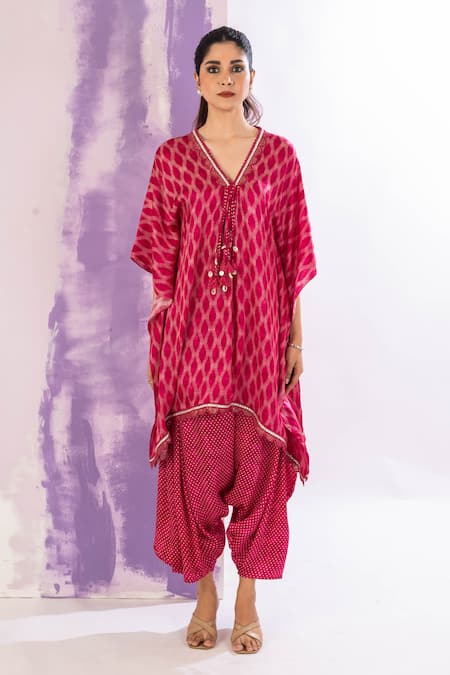 Buy_Amethyst_Pink Modal, Satin Tassels V-neck Printed Kaftan And Dhoti Pant Set _Online_at_Aza_Fashions