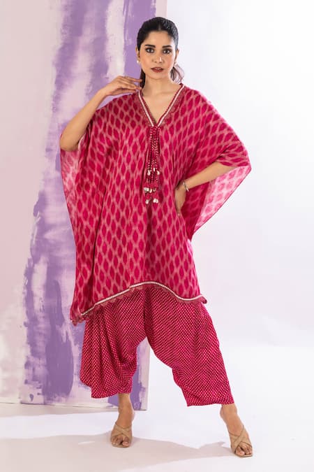 Shop_Amethyst_Pink Modal, Satin Tassels V-neck Printed Kaftan And Dhoti Pant Set _Online_at_Aza_Fashions
