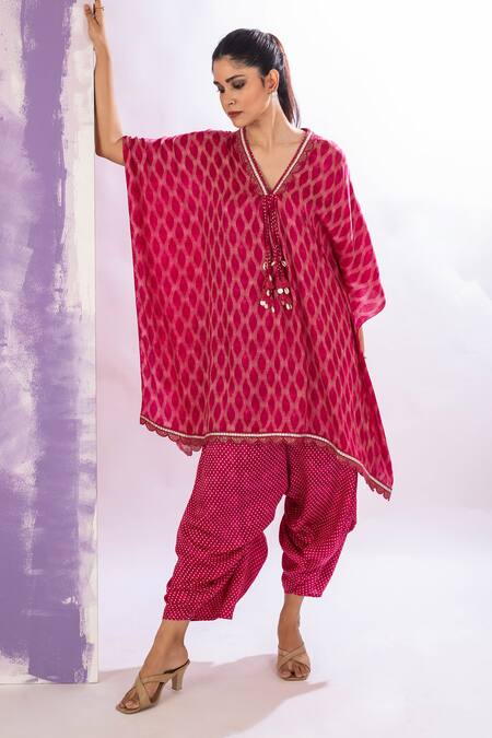 Amethyst_Pink Modal, Satin Tassels V-neck Printed Kaftan And Dhoti Pant Set _at_Aza_Fashions