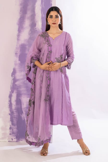 AMETHYST Purple Kurta Chanderi Embroidered Thread Leaf Floral Pant Set 