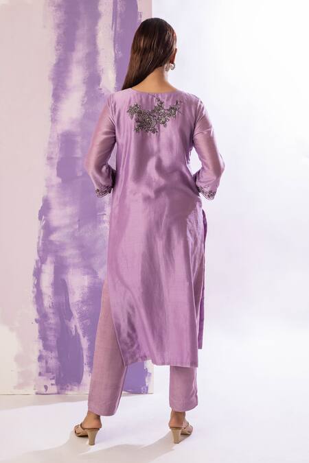 Shop Amethyst Purple Chanderi, Bamboo, Organza Sequins, Embroidery Floral Kurta Pant Set at Aza Fashions Shop_Amethyst_Purple Chanderi, Bamboo, Organza Sequins, Embroidery Floral Kurta Pant Set_at_Aza_Fashions
