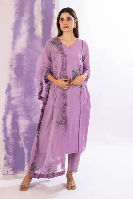 Amethyst Purple Chanderi, Bamboo, Organza Sequins, Embroidery Floral Kurta Pant Set Online at Aza Fashions Amethyst_Purple Chanderi, Bamboo, Organza Sequins, Embroidery Floral Kurta Pant Set_Online_at_Aza_Fashions
