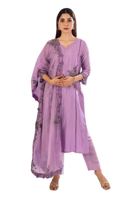 Buy Amethyst Purple Chanderi, Bamboo, Organza Sequins, Embroidery Floral Kurta Pant Set Online at Aza Fashions Buy_Amethyst_Purple Chanderi, Bamboo, Organza Sequins, Embroidery Floral Kurta Pant Set_Online_at_Aza_Fashions